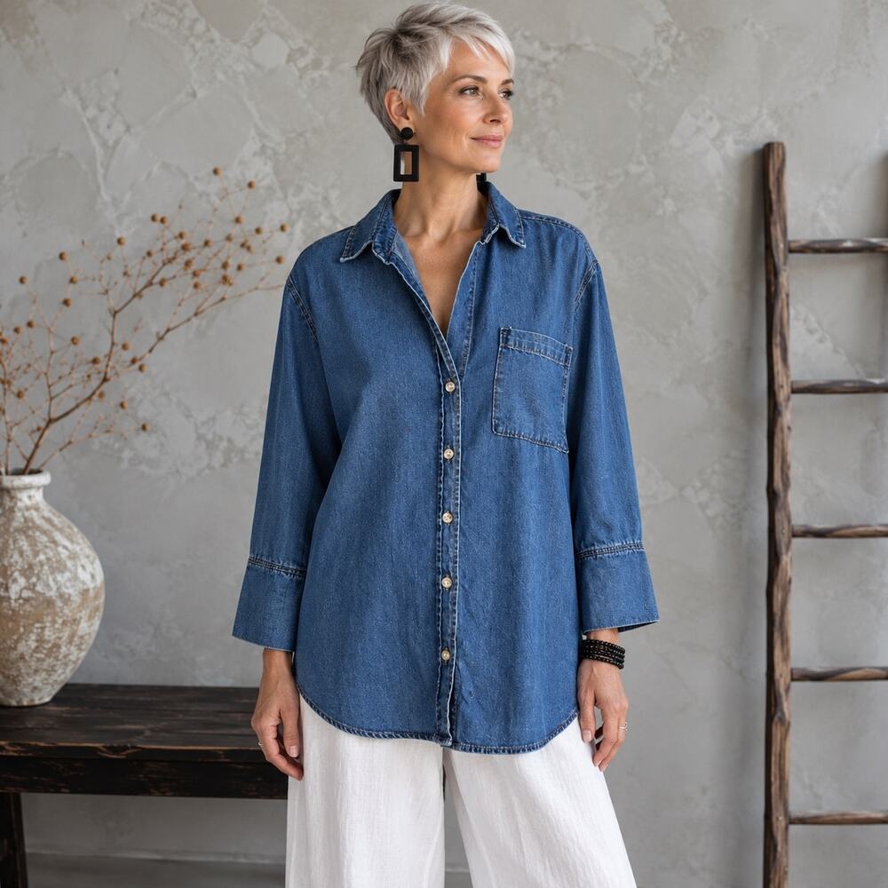 Bella Dahl Blue Chambray Micro Dot Button Up Top Medium
